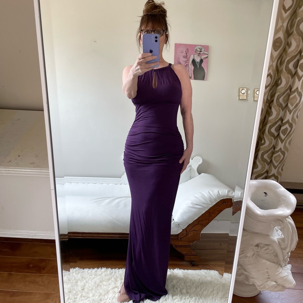 NWT PATTYBOUTIK PURPLE EGGPLANT FORM FIT HALTER MAXI DRESS STRETCH SLIT